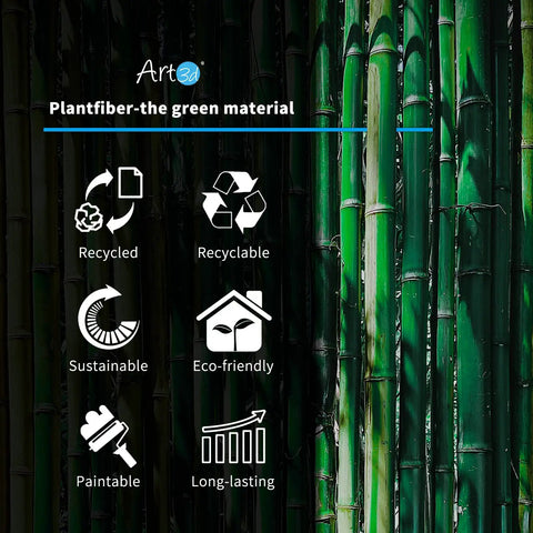 Infographic showing recycled, recyclable, sustainable, eco-friendly features of plant fiber for Dope 3D Wall Panels For Interior Decor Brick Design Pack Of 6 Tiles 32 Sq Ft Plant Fiber Bamboo Fiber White Matte Brick Lightweight Paintable Surface Easy DIY Eco Friendly Ideal For Living Room Bedroom Kitchen TV Backdrop
