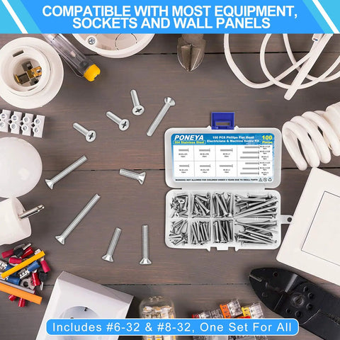 100 Piece Phillips Flat Head Screws Kit For Electrical Projects Sizes 6-32 And 8-32 Extra Long 304 Stainless Steel Outlet Screws with case