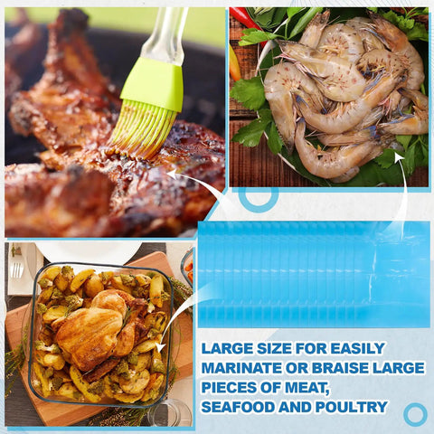 100 Pack Disposable Blue Poly Lug Liners, 22.75 By 20 Inches, 3 Mil Thick, shown with meat and seafood for food processing
