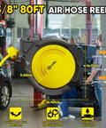 Heavy Duty Retractable Air Hose Reel With Auto Rewind And Full Pivot Swivel Wall Mount For Garage Crew Or Diy Pros Featuring Eighty Foot Three Eighth Inch Hybrid Line With Six Point Five Foot Lead In Tube Handling Three Hundred Psi No Fuss, shown in a workshop.