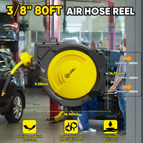 Heavy Duty Retractable Air Hose Reel With Auto Rewind And Full Pivot Swivel Wall Mount For Garage Crew Or Diy Pros Featuring Eighty Foot Three Eighth Inch Hybrid Line With Six Point Five Foot Lead In Tube Handling Three Hundred Psi No Fuss, shown in a workshop.