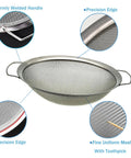 Stainless Steel 60 Mesh Paint Strainer For 5 Gallon Buckets Built To Last Filters Out Particles From Almost Any Liquid Easy To Use And Clean Heavy Duty Reusable Paint Filter For Smoother Applications showing mesh details and handles