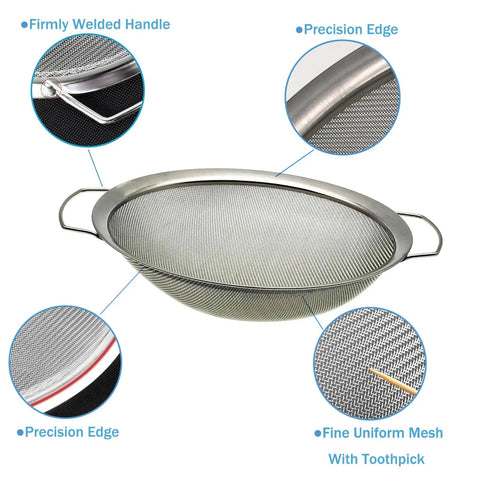 Stainless Steel 60 Mesh Paint Strainer For 5 Gallon Buckets Built To Last Filters Out Particles From Almost Any Liquid Easy To Use And Clean Heavy Duty Reusable Paint Filter For Smoother Applications showing mesh details and handles