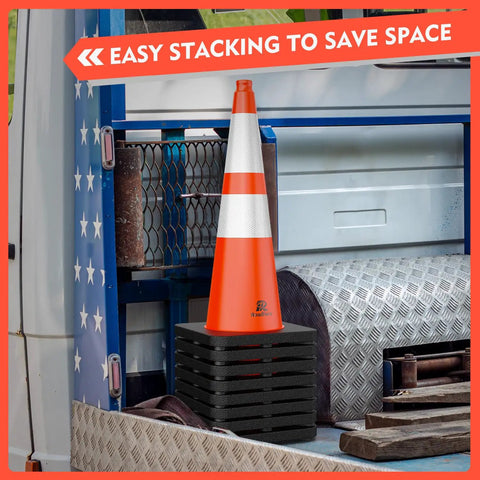 8 Pack 28 Inch Traffic Safety Cones With Heavy Weighted Base And Reflective 360 Degree Collars stacked for easy storage