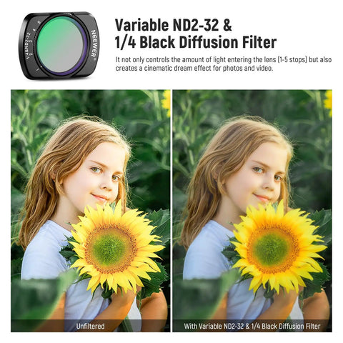 Girl holding sunflower with Variable ND And 1/4 Black Diffusion Filter for mist cinematic effect and unfiltered comparison.