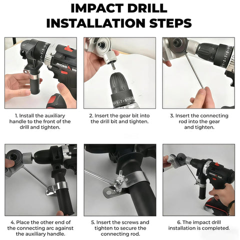 Step-by-step guide for installing auxiliary handle on an impact drill, enhancing control for metal cutting.