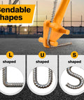 Heavy Duty Manual Rebar Bender Tool For 5/8 Inch Steel Bar and Rope Bending showing L, U, S shaped bends on rebar