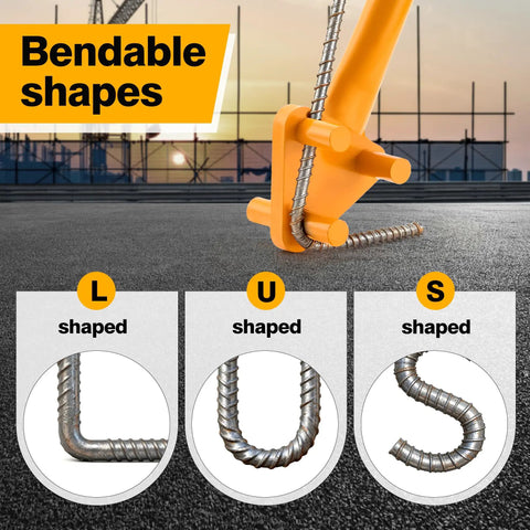 Heavy Duty Manual Rebar Bender Tool For 5/8 Inch Steel Bar and Rope Bending showing L, U, S shaped bends on rebar