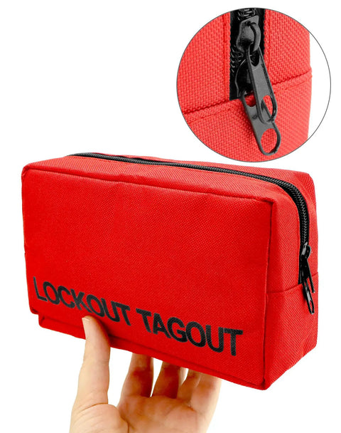 Red bag with 'Lockout Tagout' label for Lockout Tagout Kit With Hasps, Red Loto Locks, And Two Padlocks With Keys For Electrical Safety.