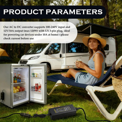 Straight Out The Outlet To Ride Ready Power This Heavy Duty Three Pin AC To DC Converter drops 120 Watts for coolers and pumps outdoors.