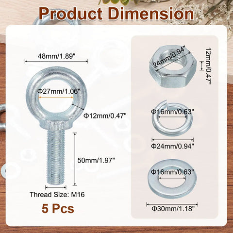 Five Pack M16 Galvanized Carbon Steel Eye Bolts With Nuts And Washers Beefy Heavy Duty Ring Eye Bolts Kit For Tie Downs Indoors Outdoors Five Eighths Inch By One Point Nine Seven Inch Silver dimension chart with M16 bolt and washers
