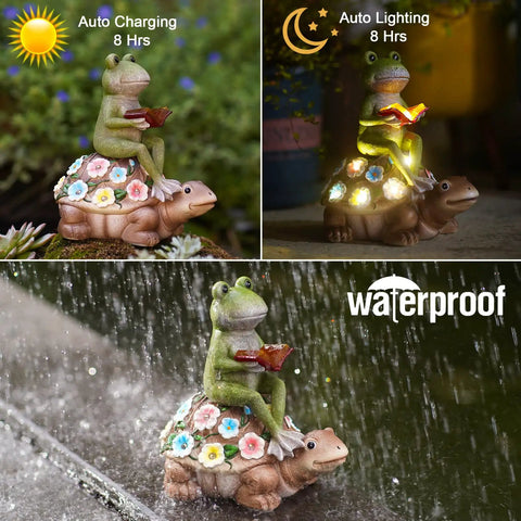 Solar Frog Riding Turtle Garden Statue For Outdoor Patio Yard Balcony Decor with frog on turtle under rainproof feature