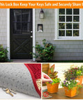 Composite image showing a wall mounted key lock box near a door, a hidden key under a mat, and a key placement in a garden.