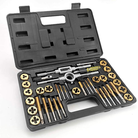 Open storage case displaying 40 Piece Metric Tap And Die Set With Titanium Coated GCr15 Bearing Steel, T Handle Wrench, Gauge, Screwdriver