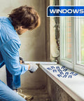 Man using 200 Pcs Horseshoe Tile Spacers U Shaped One Sixteenth Inch For Tile Leveling System Blue Levelers for window installation.