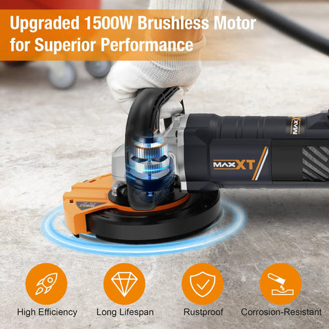 5 Inch Concrete Surfacing Grinder with 1500W Motor 7 Adjustable Speed Angle Grinder Kit in use on concrete surface