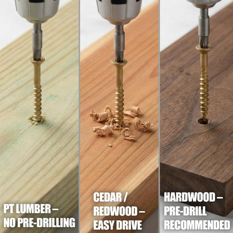 No Pre Drill Needed Outdoor Wood Deck Fasteners Size 10 X 3 Inches Rust Resistant Tan Epoxy Coated shown used in PT lumber and cedar