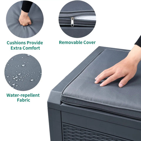 Huge 100 Gallon Outdoor Resin Deck Box with lockable lid featuring removable cushion cover, water-repellent fabric, and weatherproof design.
