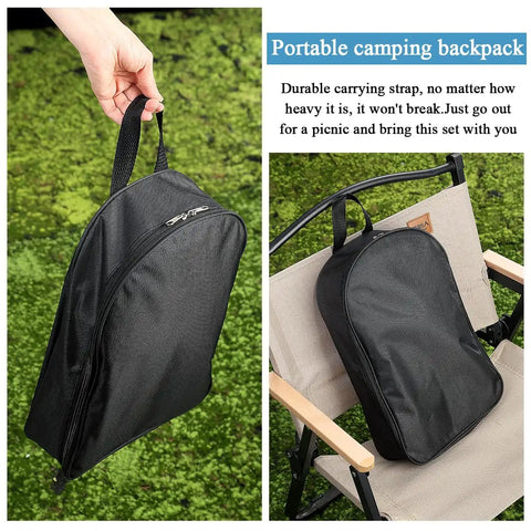 Close-up of portable backpack for All In One Outdoor Camp Kitchen Gear, 15 Piece Camping Cookware And Utensil Set on a chair