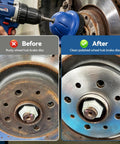 Before and after image using Six Inch Wheel Hub Resurfacing Kit With Polisher And Drill Adapter For Do It Yourself Auto Rust Removal Clean Rust Dirt And Corrosion From Wheel Hubs Studs And Lug Nuts And Restore Like New For Sedans Vans Trucks And Sprinters, showing rusty vs cleaned disc