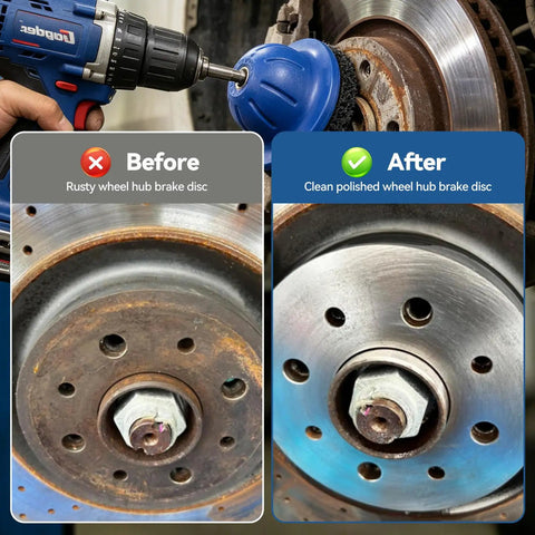 Before and after image using Six Inch Wheel Hub Resurfacing Kit With Polisher And Drill Adapter For Do It Yourself Auto Rust Removal Clean Rust Dirt And Corrosion From Wheel Hubs Studs And Lug Nuts And Restore Like New For Sedans Vans Trucks And Sprinters, showing rusty vs cleaned disc