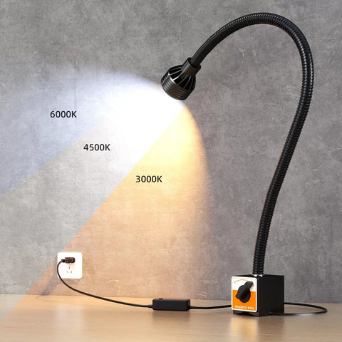 Heavy Duty Magnetic Work Light With Flexible Gooseneck And Adjustable Focus Pumping 1320 Lumens, showing light intensity settings and magnetic base.