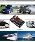 12 Way Blade Fuse Box Holder With LED Indicator And Protective Cover displayed with vehicles including car, truck, and yacht.