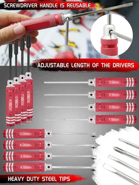 RC Tool Kit 26 Piece Set with red Flathead and Phillips screwdrivers, hex drivers with reusable handles for repairs.