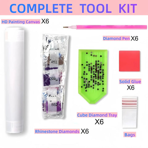 Complete tool kit for Dope Six Pack Diamond Art Kits For Adults with canvas, diamond pen, tray, glue, and bags