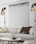Two Pack Plug In Wall Sconces Set Industrial Wire Cage Black Farmhouse Vintage Wall Lighting over living room sofa