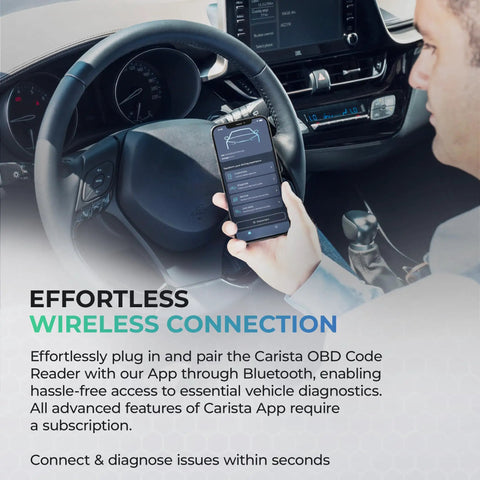 Person using Bluetooth OBD2 Scanner For Cars With Live Data Diagnostics Customizations And Service Tools Plug And Play Basic OBD2 Readouts Ready Out Of The Box Pro Features Access Via App Subscription on smartphone while driving.