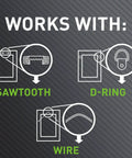 Diagram showing Claw 25 Lb Drywall Picture Hanger Set With Spot Markers No Studs Needed Heavy Duty Hardened Steel suitable for sawtooth, D-ring, wire.