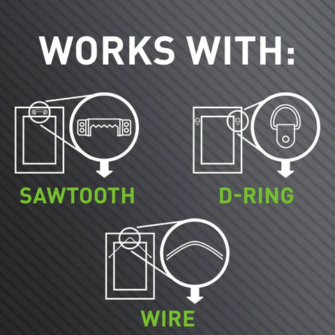 Diagram showing Claw 25 Lb Drywall Picture Hanger Set With Spot Markers No Studs Needed Heavy Duty Hardened Steel suitable for sawtooth, D-ring, wire.