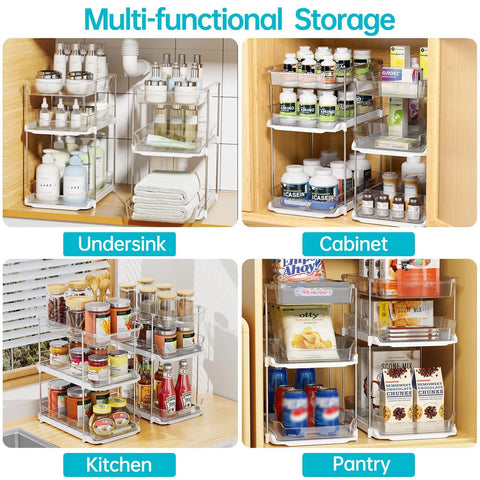 Total Game Changer Clear Three Tier Under Sink Organizer Two Pack Smooth Glide Adjustable Stackable Storage Bins With Moveable Dividers in various home settings.