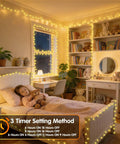 Room lit by 1000 LED Christmas String Lights Outdoor 403 Ft With 8 Lighting Modes IP44 Waterproof Fairy Lights around bed and shelves.