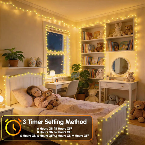 Room lit by 1000 LED Christmas String Lights Outdoor 403 Ft With 8 Lighting Modes IP44 Waterproof Fairy Lights around bed and shelves.