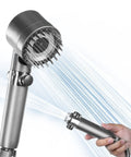 Gray Filtered Shower Head With High Pressure Handheld And Four Removable Spray Modes, 3 Stage Filtration Removes 99 Percent Hard Water Impurities, Rust Resistant ABS Shower Head For Power Washing Tub Tile And Pet Bath Cleanup, showing water flow.
