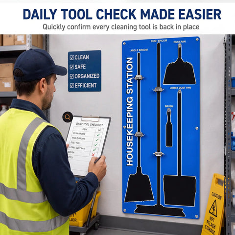 5S Shadow Board For Cleaning Tools, Aluminum Broom Station Organizer, Industrial Tool Rack Board, 63.5 By 26.5 Inches, Space Saving Janitorial And Housekeeping Supply For Factory Floor And Warehouse on wall