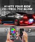 Aura Pro Underglow LED Lights Kit For Cars With App And Remote Control RGB Multicolor Modes Music Sync Waterproof Rigid Aluminum Light Bar Exterior Neon Underbody Lighting Perfect Gift For Your Ride shown on a car.