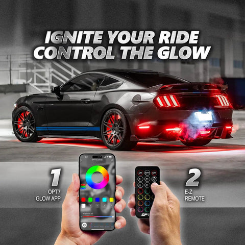Aura Pro Underglow LED Lights Kit For Cars With App And Remote Control RGB Multicolor Modes Music Sync Waterproof Rigid Aluminum Light Bar Exterior Neon Underbody Lighting Perfect Gift For Your Ride shown on a car.