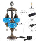 Turkish Mosaic Table Lamp With Built In LED Bulb Three Globe Sea Blue Handmade Moroccan Style Decor Tall 21.3 Inch Glass Mosaic