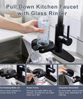 Image showing COXOVAY Pull Down Kitchen Faucet with Glass Rinser, featuring a black stainless steel finish and a detachable glass rinser.