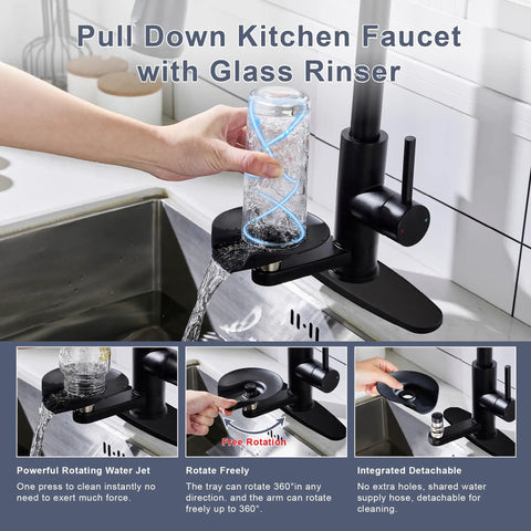 Image showing COXOVAY Pull Down Kitchen Faucet with Glass Rinser, featuring a black stainless steel finish and a detachable glass rinser.
