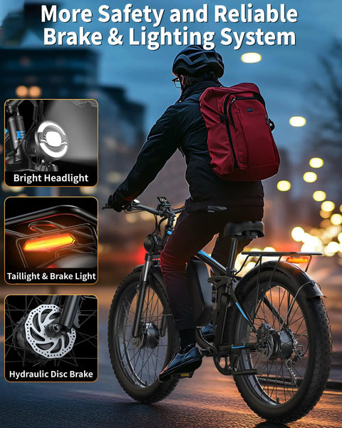 Cyclist on 6000W Peak Dual Motor Fat Tire Electric Bike For Adults With 52V 32Ah Battery, city ride with safety lights active