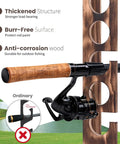 Six Rod Capacity Wooden Fishing Rod Holder Wall Or Ceiling Mount For Garage Boat Cabin Tackle Storage Durable Solid Wood Rack With Wide Openings To Fit All Rods And Reels Keeps Gear Neat And Ready close-up of rod in holder