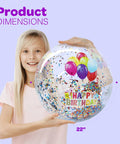 Child holding 22 Inch Large Happy Birthday Beach Ball With Glitter Inside For Pool Party Decor Outdoor Yard Games