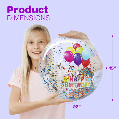 Child holding 22 Inch Large Happy Birthday Beach Ball With Glitter Inside For Pool Party Decor Outdoor Yard Games