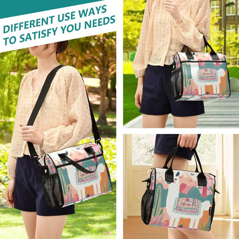 Woman carrying Desert Beige Insulated Lunch Bag for Women and Men with adjustable strap and llama design, reusable cooler tote for work, picnic, camping.