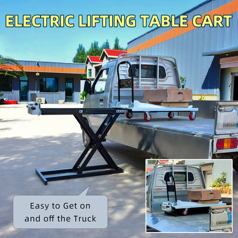Side view of electric lift table cart with 47-inch platform and scissor lift mounted on a pickup truck bed.