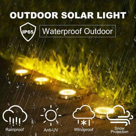 Solar Ground Yard Lights 16 Pack Easy Install Waterproof Disk LED In Ground Lights illuminating a wet garden path